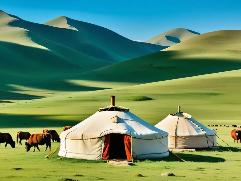 Una impresionante vista del vasto paisaje mongol, con una yurta tradicional y una familia nómada, rodeados de naturaleza