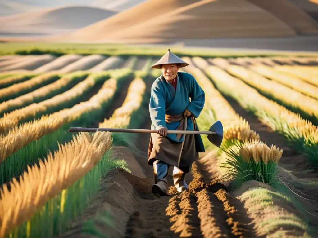 Increíble imagen de un agricultor tradicional mongol arando la tierra con un arado de madera, rodeado de extensos campos dorados de trigo