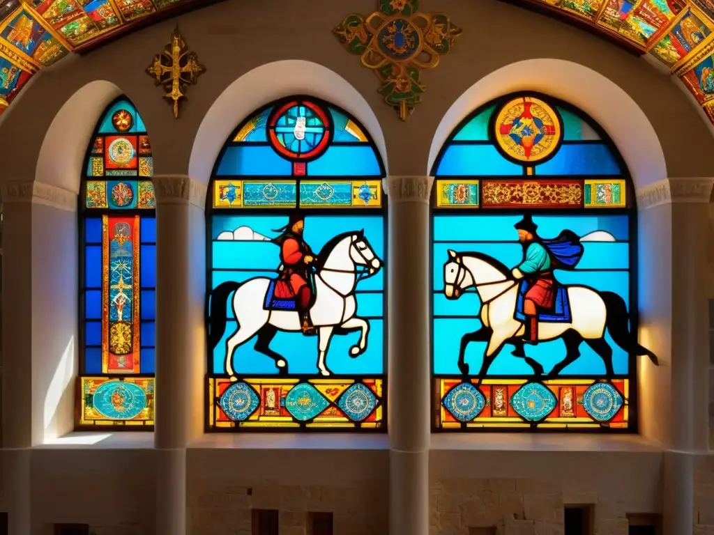 Increíble fusión de influencia mongol en arte europeo: catedral con vitrales de guerreros y escenas religiosas, luz multicolor en paredes de piedra