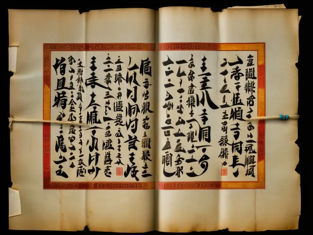 Increíble manuscrito mongol bien preservado, con caligrafía detallada y colores vibrantes que destacan la influencia de los manuscritos del Imperio Mongol