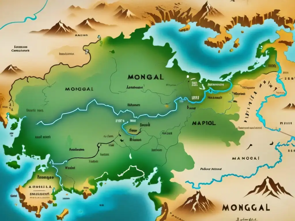 Increíble mapa antiguo de Mongolia, con detalles intrincados y colores sutiles que evocan la influencia mongola en cartografía