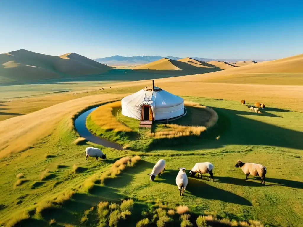 Increíble paisaje de la estepa mongol con una yurta y pastor cuidando ovejas