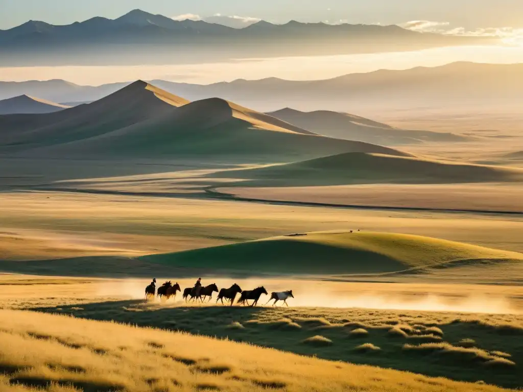 Infancia de Temüjin en Mongolia: Niño en la estepa mongola, mirando determinado hacia el horizonte entre la belleza cruda y la dureza del paisaje