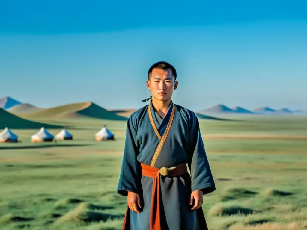 Infancia de Temüjin en Mongolia: Joven Temüjin con arco en la estepa, bajo cielo azul, campamento nómada al fondo