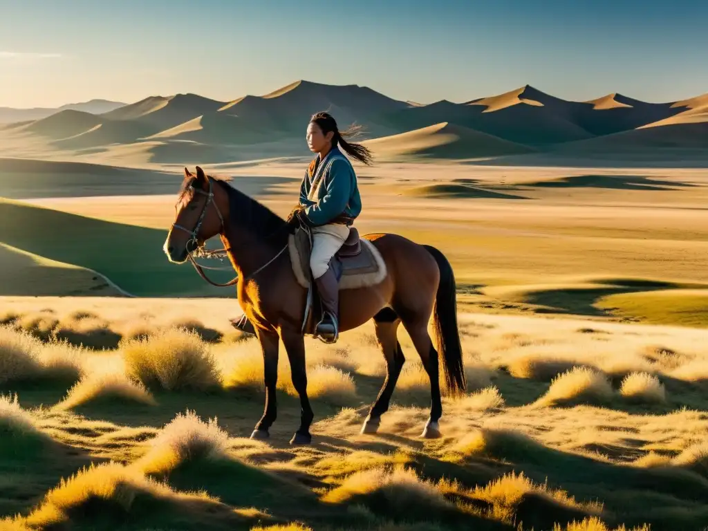 Infancia de Temüjin en Mongolia: Joven Temüjin en la vasta estepa, con el sol dorado y la determinación en sus ojos