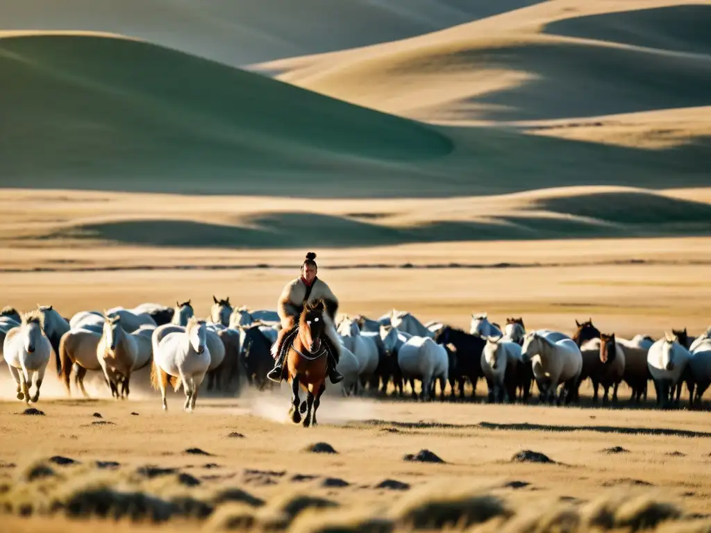 Infancia de Temüjin en Mongolia: Joven en la estepa con vestimenta tradicional, frente a un paisaje inmenso y salvaje, con caballos galopando al fondo