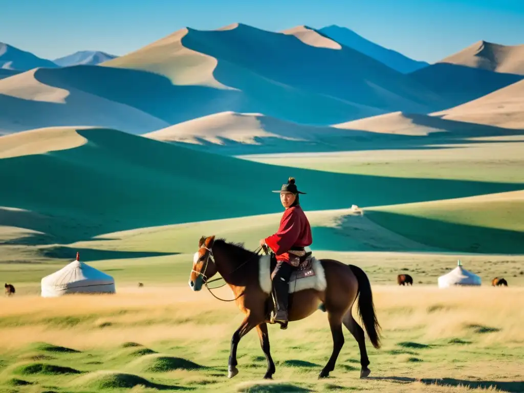 Infancia de Temüjin en Mongolia: Joven Temüjin cabalga junto a su padre en las vastas estepas mongolas, rodeados de naturaleza y yurtas