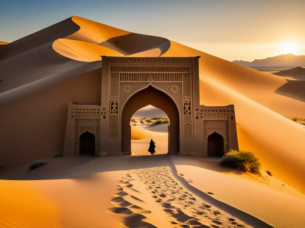 Influencia arquitectura mongola y Medio Oriente: Arco de piedra tallada en desierto con patrones y personas en atuendo tradicional