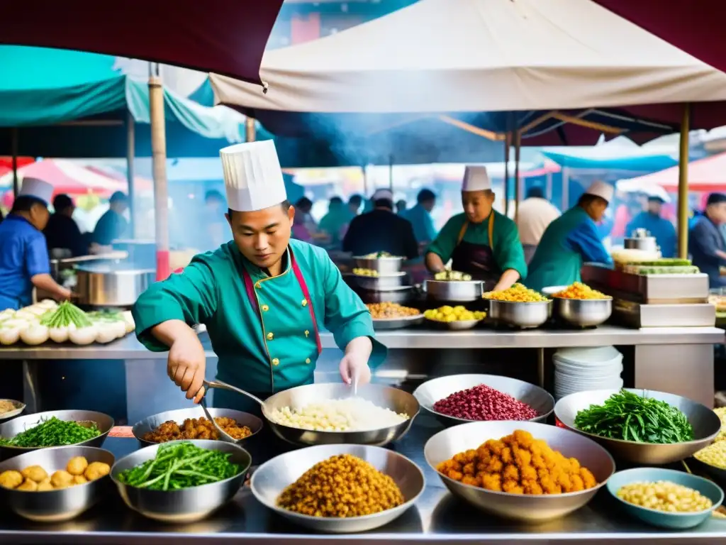 Influencia gastronomía mongola en Asia: Colorido mercado callejero, chefs preparando fusiones culinarias, atmósfera dinámica y vibrante