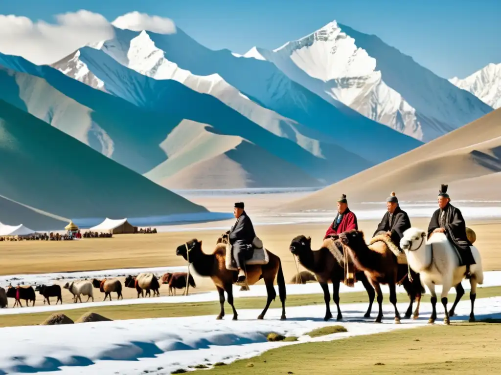 Influencia cultural del Imperio Mongol en la ruta de la seda, comerciantes mongolos y tibetanos intercambian bienes frente a montañas nevadas y yaks