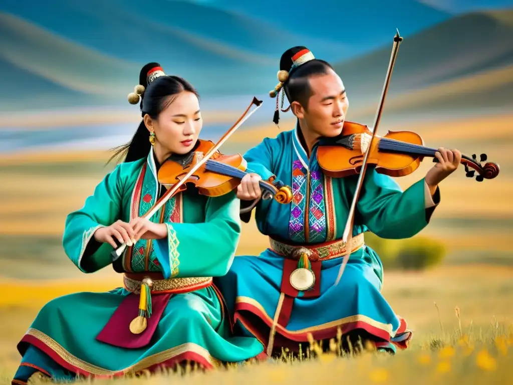 Influencia de la música mongola en géneros contemporáneos: Músicos tradicionales mongoles tocan el violín de cabeza de caballo y cantan en la estepa