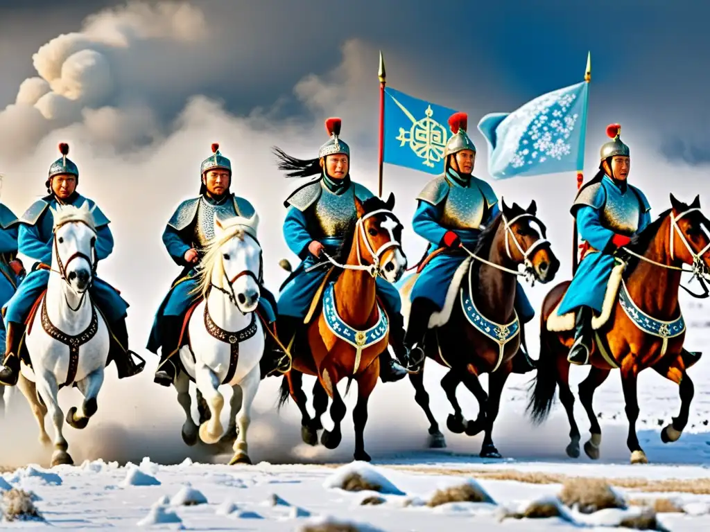 Influencia del Imperio Mongol en Rusia: Imagen de la invasión mongola a Rusia, con guerreros a caballo cruzando un paisaje nevado y tensionado