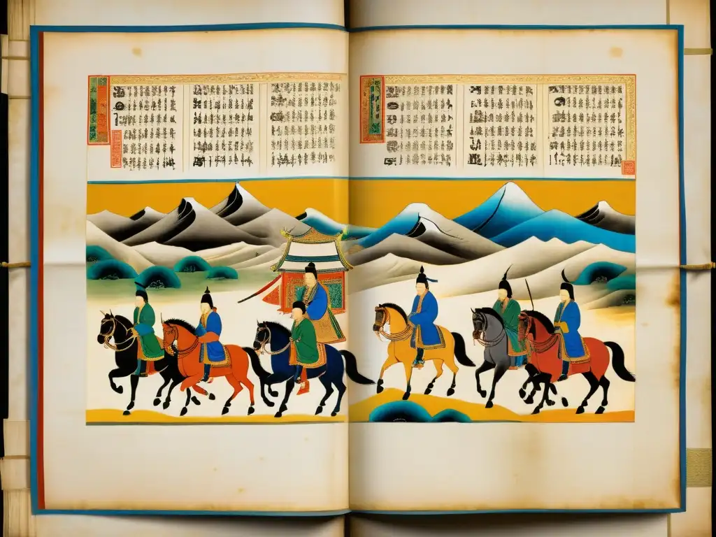 Influencia literaria mundial del Imperio Mongol plasmada en manuscrito antiguo con caligrafía y detalles ilustrativos vibrantes y delicados