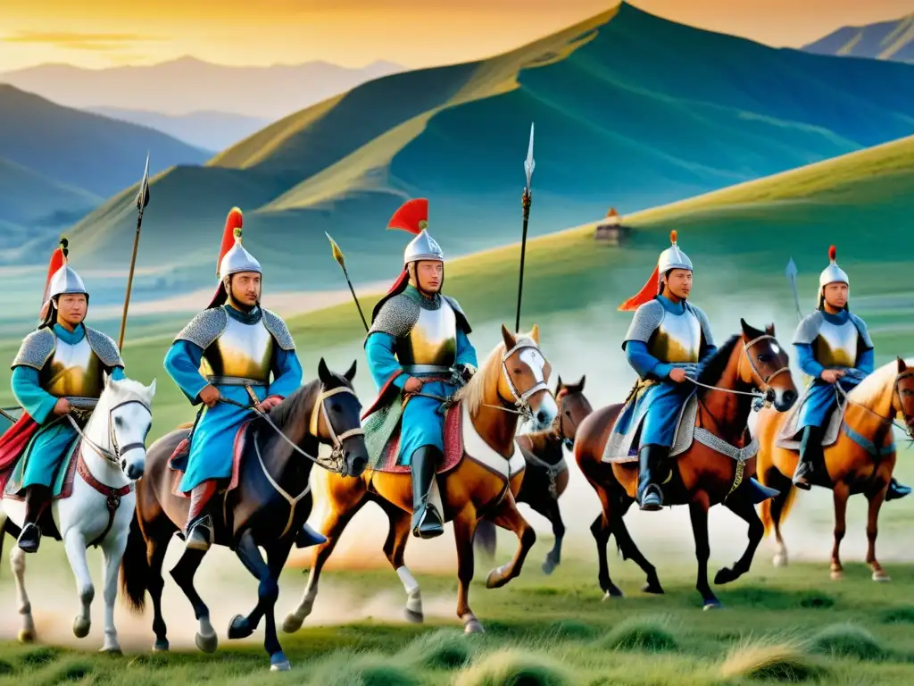 Influencia mongol en arte europeo: Pintura detallada del siglo XIII muestra guerreros mongoles a caballo en paisaje montañoso