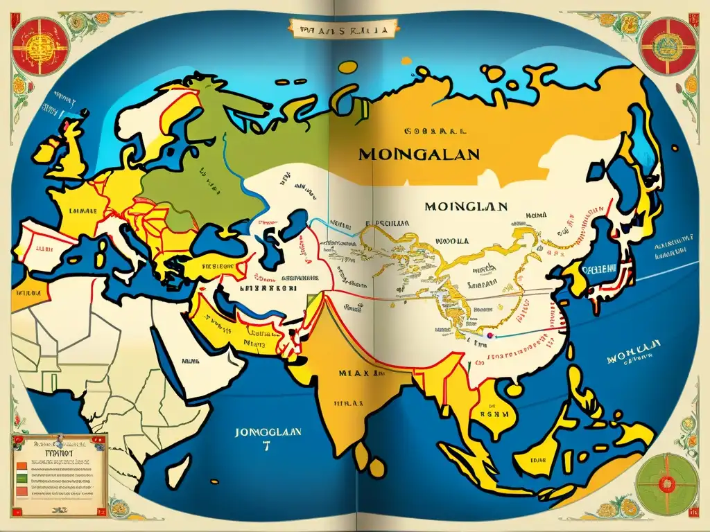 Influencia mongola en cartografía: Detallado mapa medieval muestra rutas comerciales, geografía y símbolos culturales, resaltando legado histórico