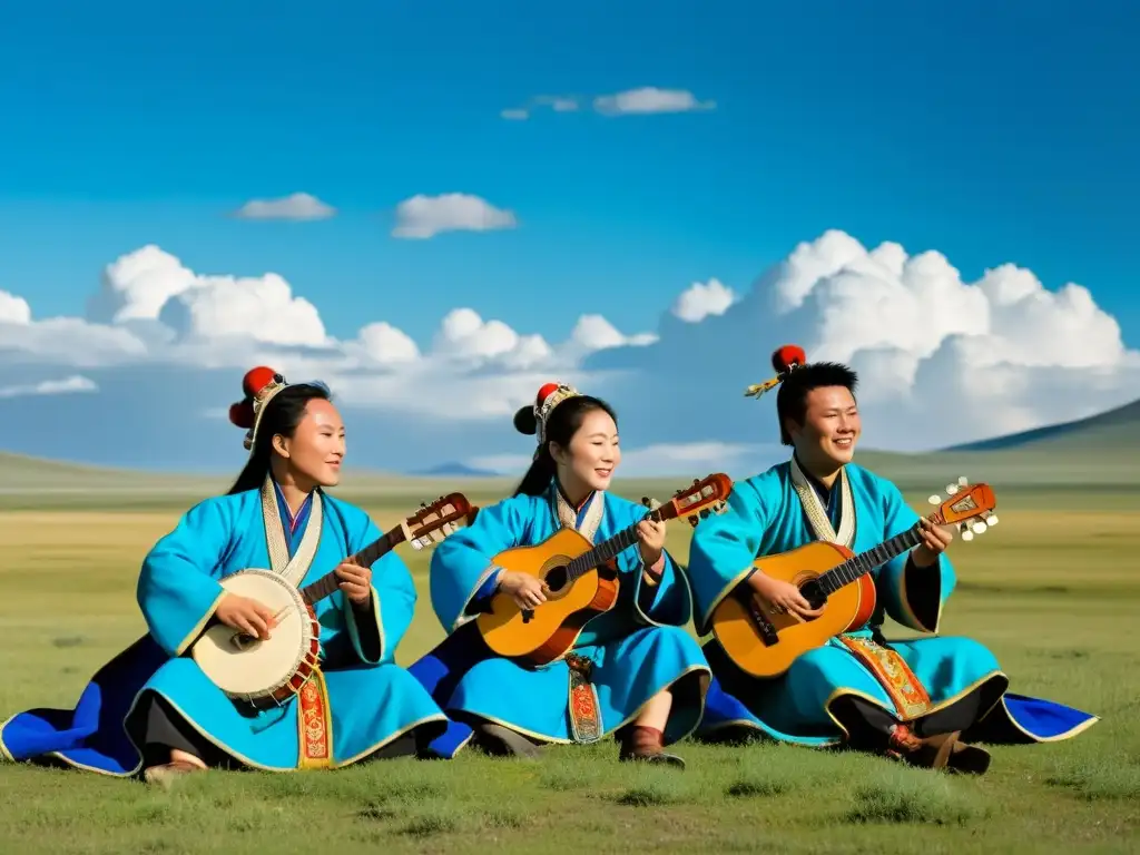 Influencia mongola en música global: Grupo de músicos ejecutando canto de garganta y tocando instrumentos tradicionales en la vasta estepa mongola