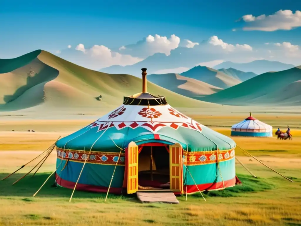 Influencias culturales mongolas en Europa: Una yurta tradicional mongola en la estepa, músicos y colores vibrantes capturan la esencia de Mongolia