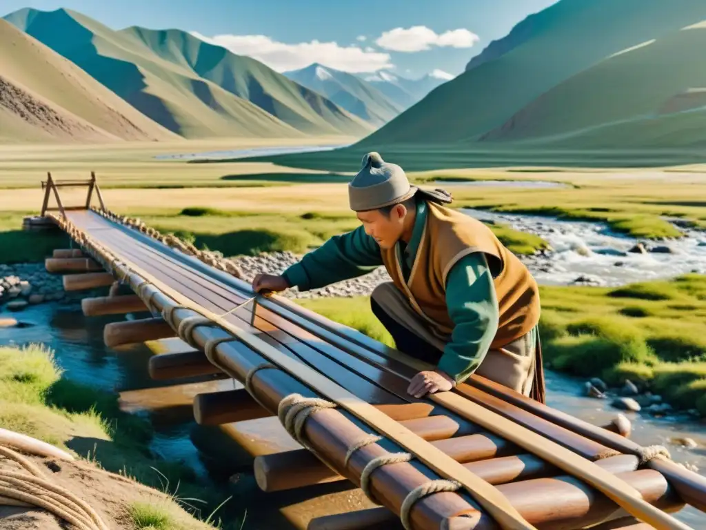 Un ingeniero mongol construye un puente móvil en un paisaje vasto