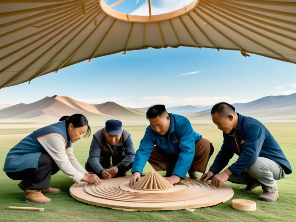 Ingenieros y artesanos mongoles trabajan juntos para construir un yurta masivo, fusionando técnicas tradicionales con innovación tecnológica en el Imperio Mongol