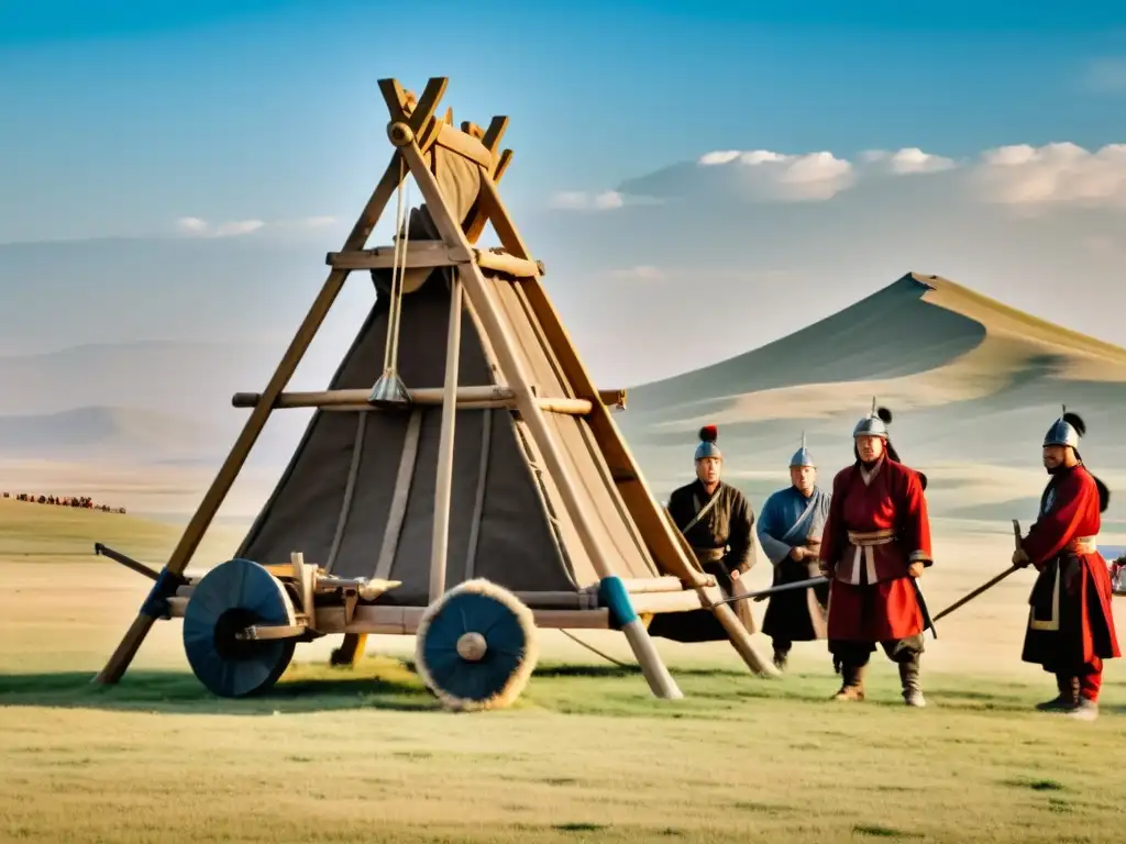 Ingenieros de asedio en Imperio Mongol construyen trebuchet en la estepa, resaltando la tecnología de asedio en la expansión de la civilización