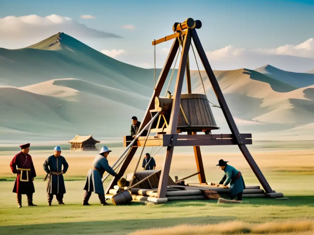 Ingenieros de asedio en Imperio Mongol construyendo un trebuchet en paisaje Mongol