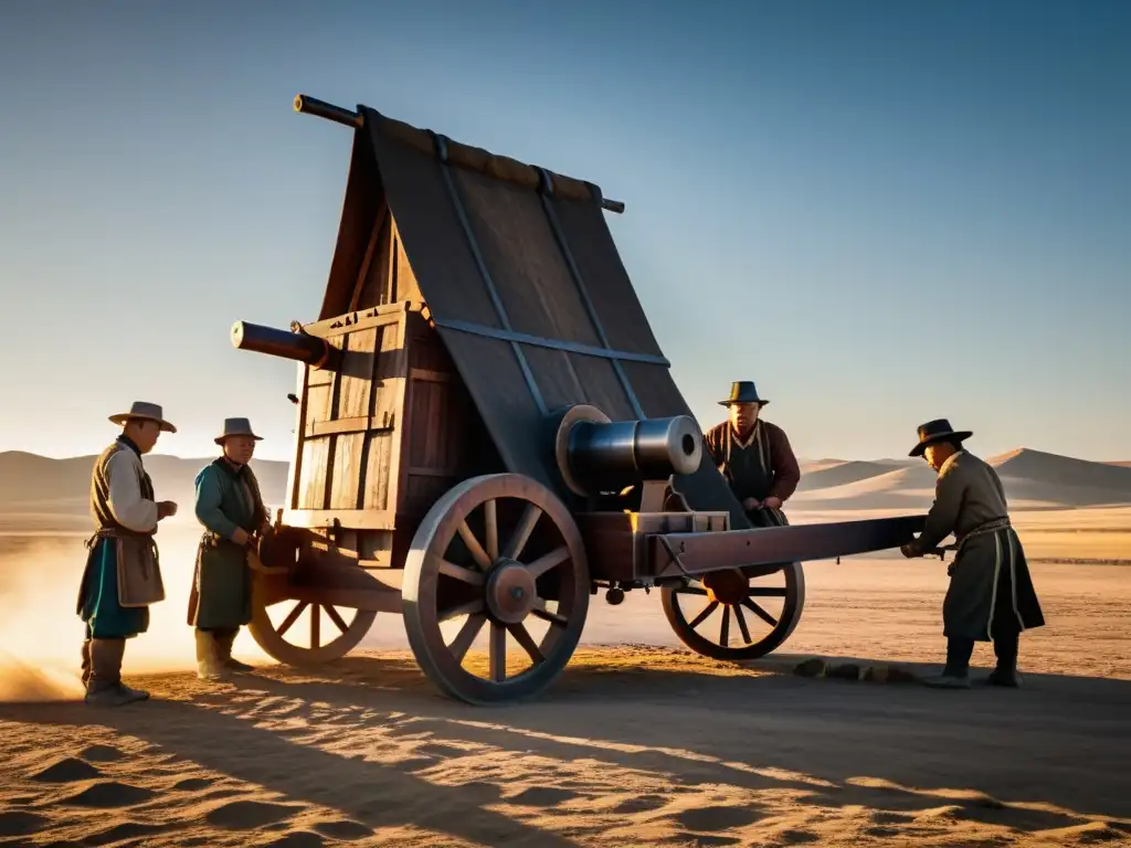 Ingenieros y herreros mongoles ensamblan una avanzada máquina de asedio al atardecer, mostrando la innovación tecnológica en el Imperio Mongol