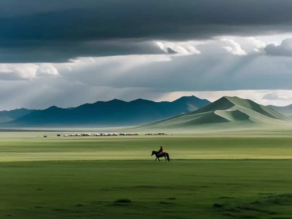 La inmensidad de la estepa mongol bajo un cielo amenazador, con una figura solitaria a caballo en la distancia