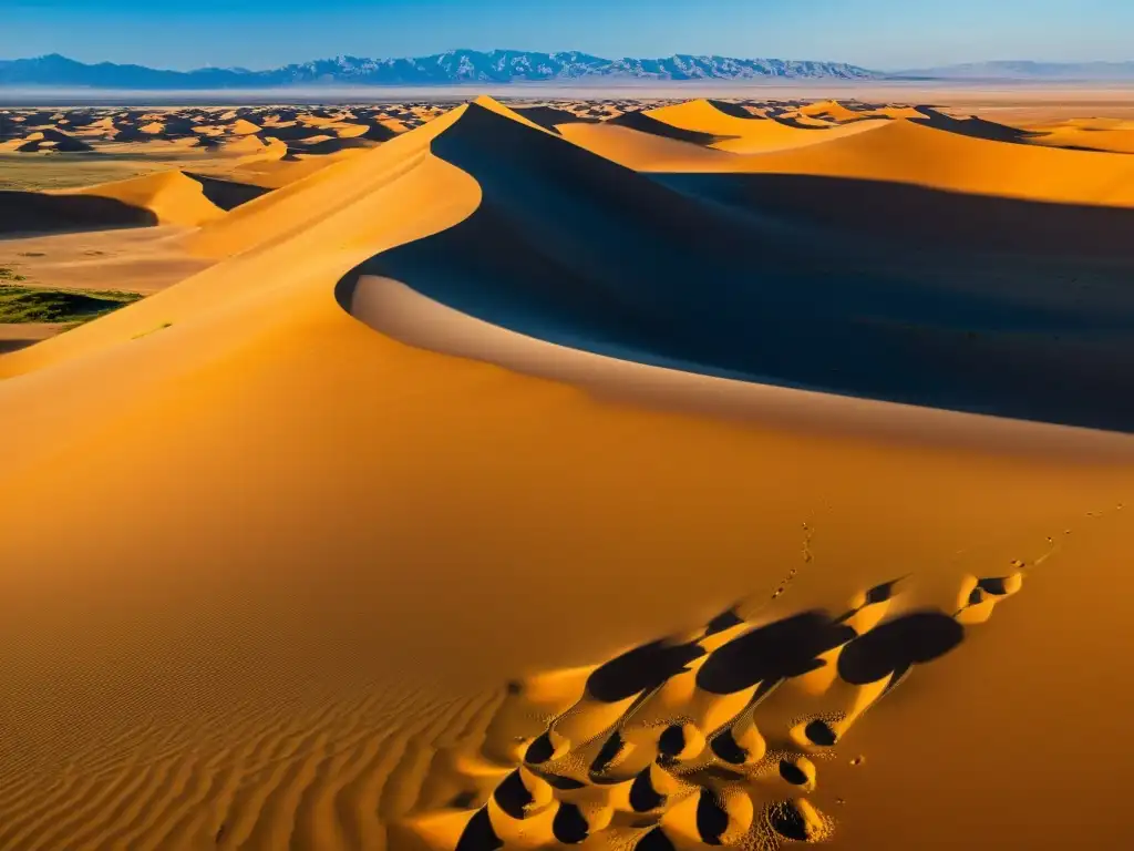 La inmensidad dorada del Desierto de Gobi bajo un cielo azul profundo