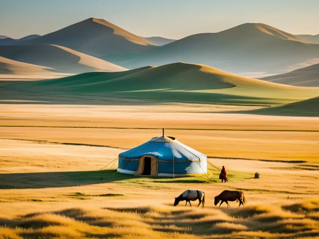 La inmensidad de la estepa mongola, con una yurta y una familia tradicional, evoca la historia y cultura del Imperio Mongol