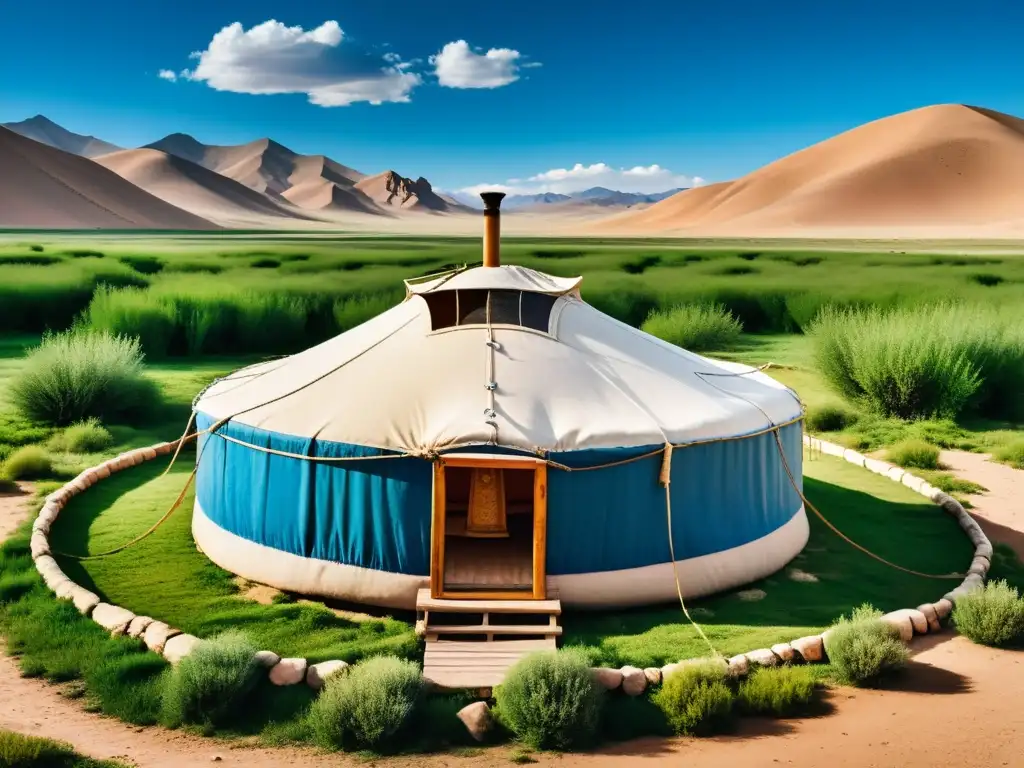 Innovaciones mongolas recursos hídricos: Yurta tradicional en un oasis en el desierto con arroyo cristalino y cielo azul