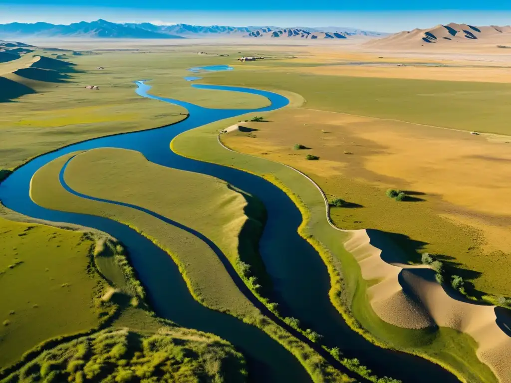 Innovaciones mongolas recursos hídricos: Pastores nómadas cuidando el ganado en la extensa estepa de Mongolia, con río serpenteante y cielo azul