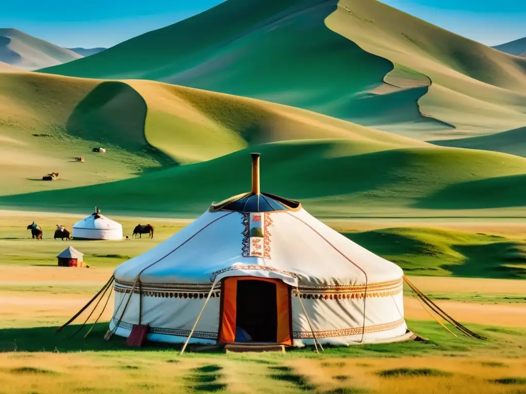 Innovaciones tecnológicas del Imperio Mongol: Detalle de una yurta tradicional mongola en la vasta estepa, rodeada de actividades nómadas