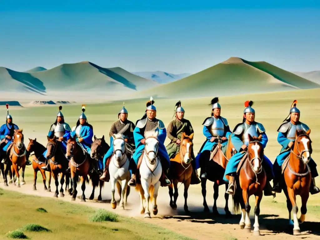 Innovaciones tecnológicas del Imperio Mongol: Guerreros montados en la estepa mongola, desplegando tácticas militares avanzadas