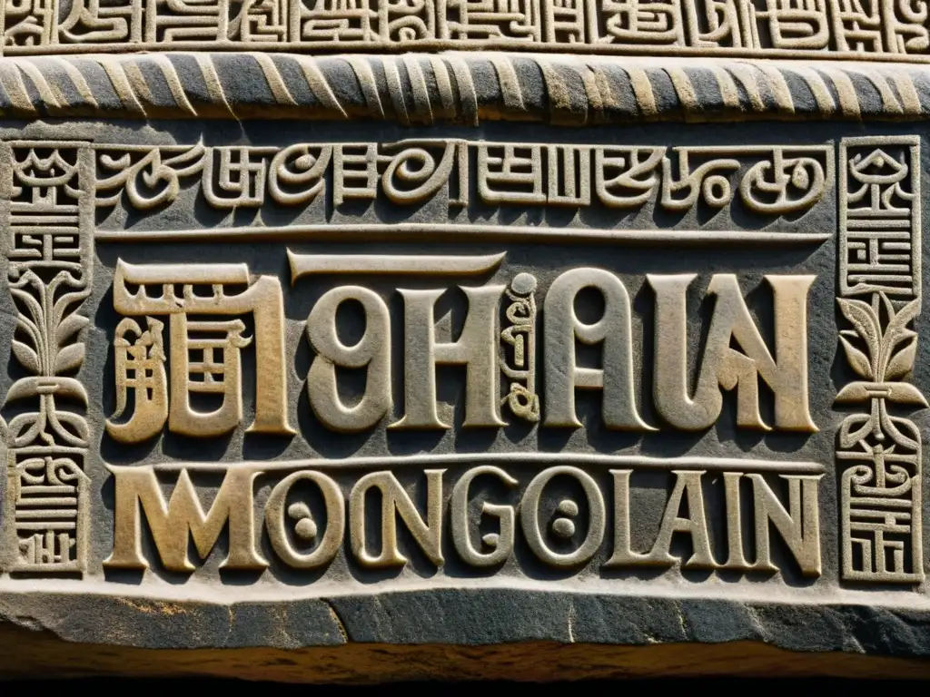 Una inscripción epigráfica del Imperio Mongol, con intrincada caligrafía y detalles decorativos tallados en piedra o metal