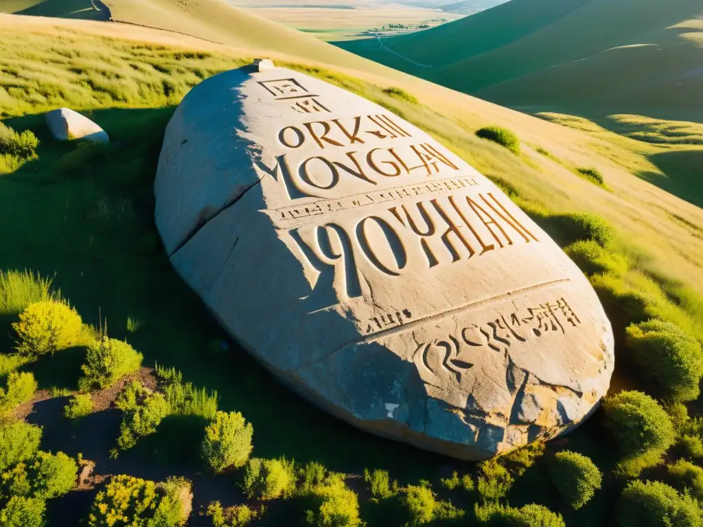 Inscripciones del Imperio Mongol Orkhon: antigua escritura mongola tallada en roca, iluminada por el sol en paisaje misterioso y atemporal