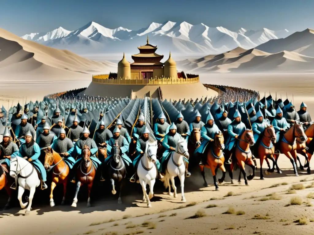 Instalación de arte moderno representa Genghis Khan y su imperio mongol cabalgando en un paisaje desolado