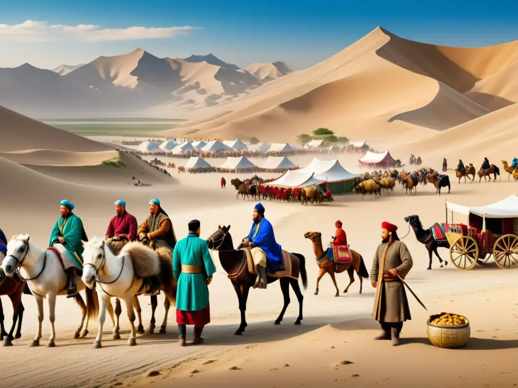 Intercambio cultural en la Ruta de la Seda: Europeos y mongoles Intensa actividad comercial y cultural en la Ruta de la Seda durante el Imperio Mongol, capturando la vida cotidiana