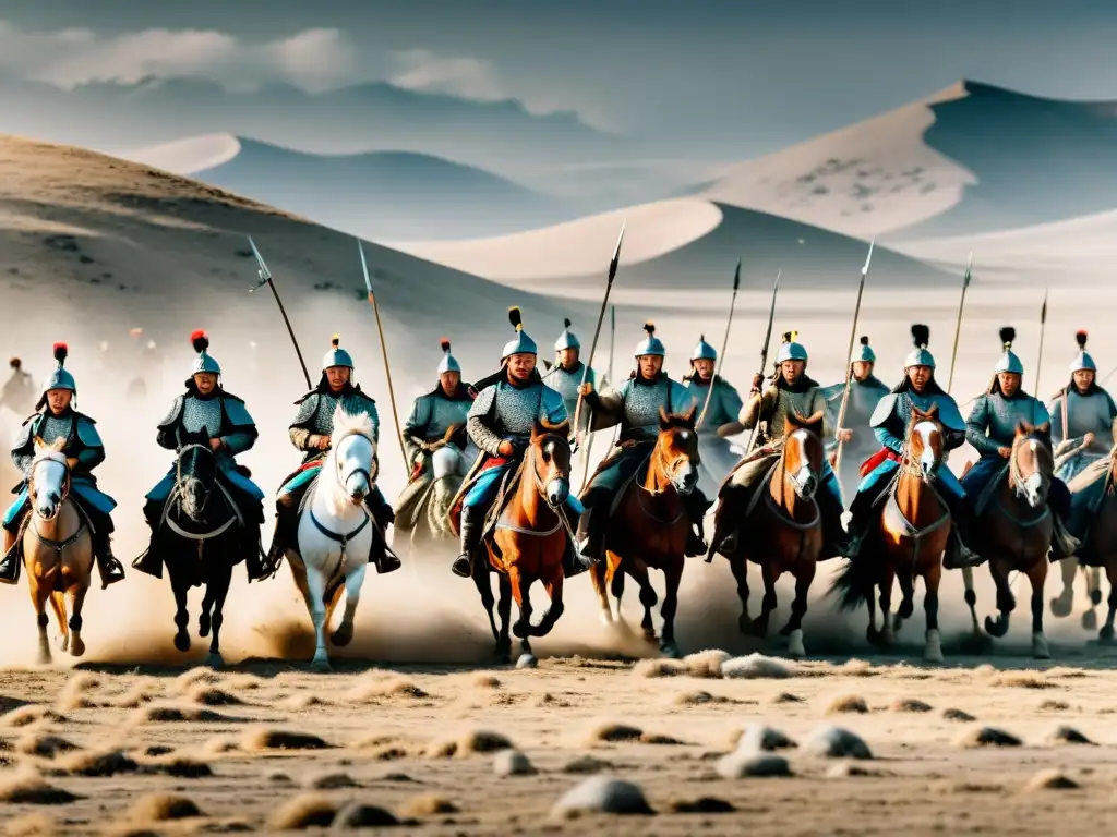 Intensa batalla entre guerreros del imperio mongol y soldados contemporáneos, mostrando la contraposición de estrategias militares