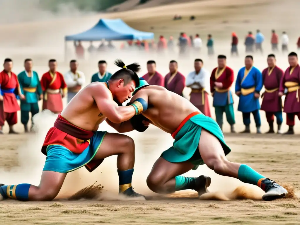 Intensa lucha de luchadores mongoles en el Festival Naadam, rodeados de espectadores entusiastas, capturando la energía cruda de la cultura mongola