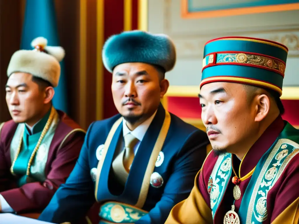 Una intensa negociación diplomática entre envoys mongoles y extranjeros, con expresiones faciales de determinación y diplomacia