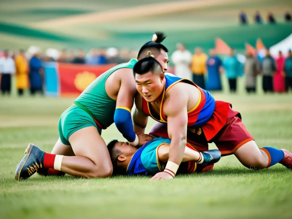 Intenso combate de luchadores mongoles en el Naadam, con colores vibrantes y energía tradicional