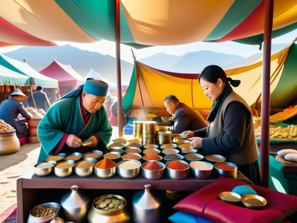 Mercado bullicioso en Mongolia: comercio vibrante y monedas extranjeras Intenso mercado mongol con comerciantes intercambiando moneda extranjera en coloridos puestos de tela y mercancías variadas
