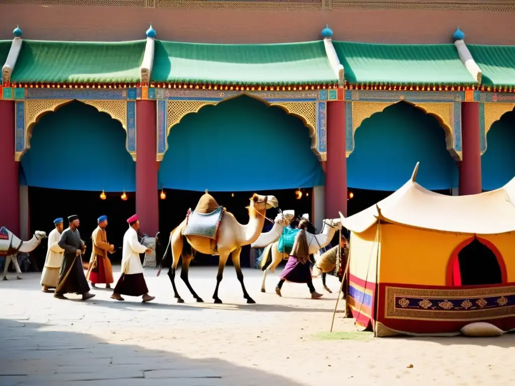 Intercambio cultural y comercio en el bullicioso mercado del Imperio Mongol a lo largo de la Ruta de la Seda, con mercaderes de diversas culturas negociando bienes entre textiles vibrantes y caravasares imponentes