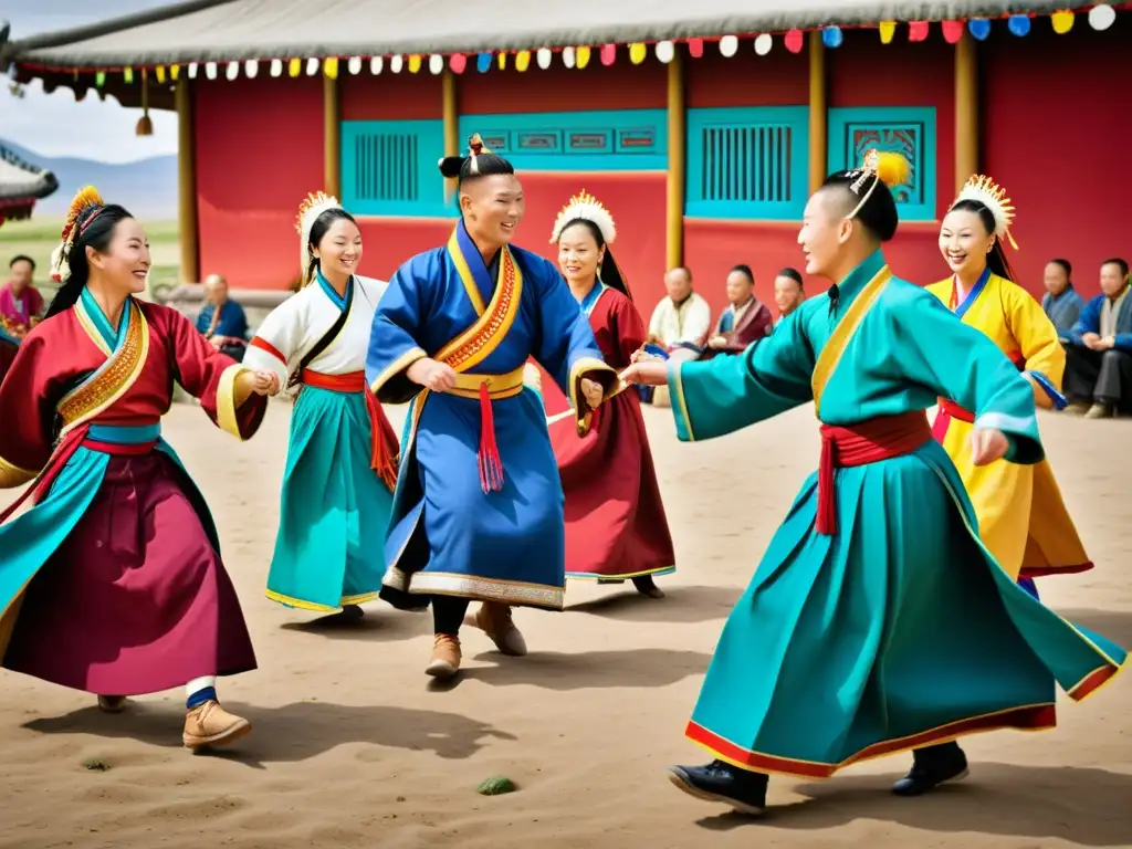 Intercambio cultural entre mongoles y europeos: vibrante intercambio de música, danza y comida en un hermoso entorno al aire libre