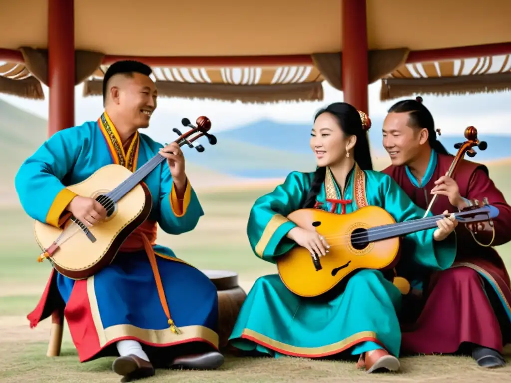 Intercambio cultural entre mongoles y europeos: Músicos tocando instrumentos tradicionales, fusionando melodías en un paisaje impresionante