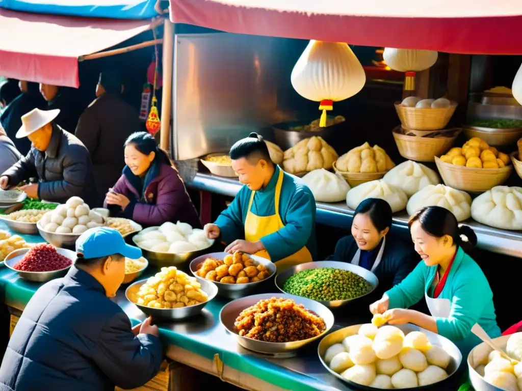 Intercambio gastronómico en un bullicioso mercado mongol, con clientes y vendedores disfrutando de platos tradicionales como buuz, khuushuur y tsuivan