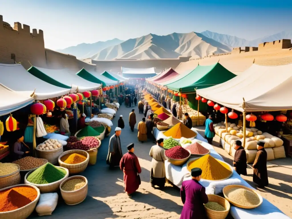 Intercambio gastronómico en bullicioso mercado de la Ruta de la Seda, comercio mongol en Eurasia