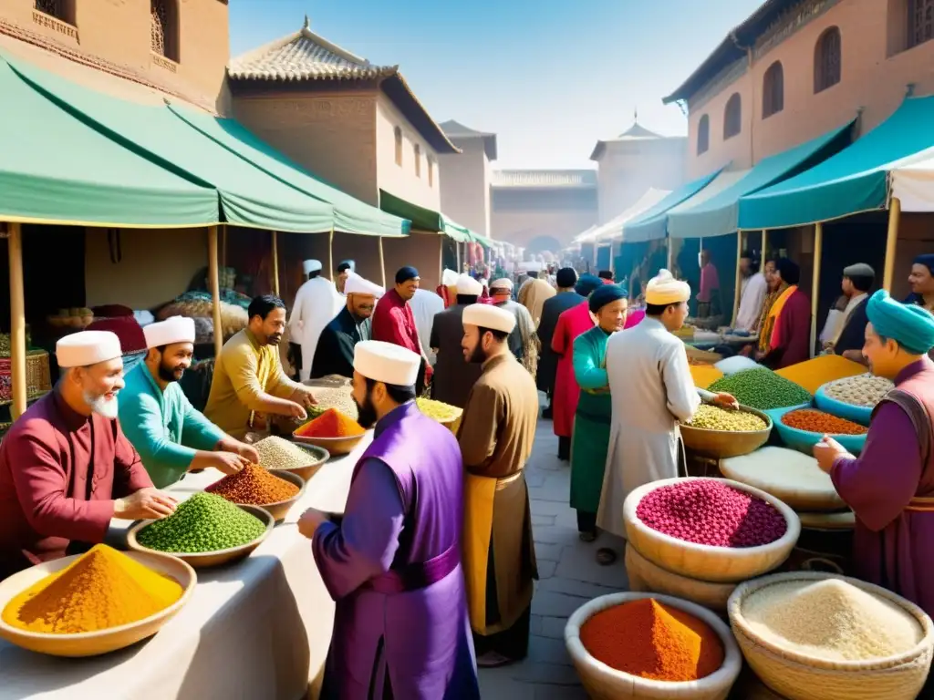 Intercambio lingüístico entre mongoles y otras culturas en bullicioso mercado de la Ruta de la Seda, con diversidad cultural y lingüística