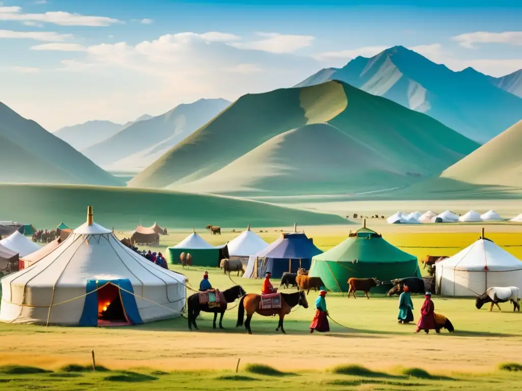 Intercambios culturales en Asia mongola: Mercado bullicioso de la Ruta de la Seda, con colores vibrantes, textiles e intercambios culturales animados