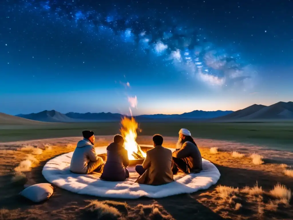 Intercambios filosóficos entre mongoles en la estepa mongola, bajo un cielo estrellado y la luz de una fogata, rodeados de yurtas y paisaje tranquilo